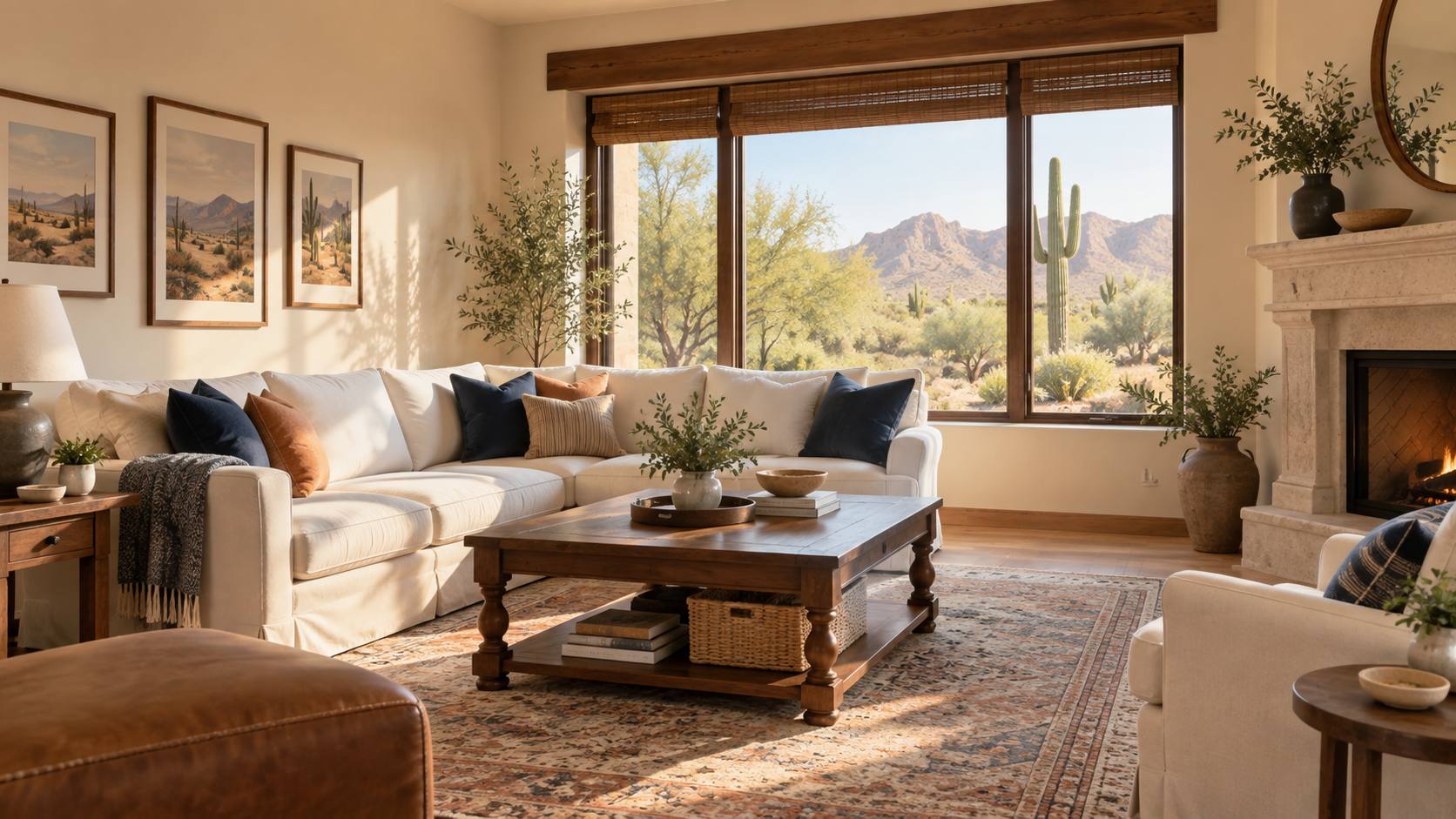 Sunlit, tidy living room with warm wood furniture and a window view of saguaros and desert mountains
